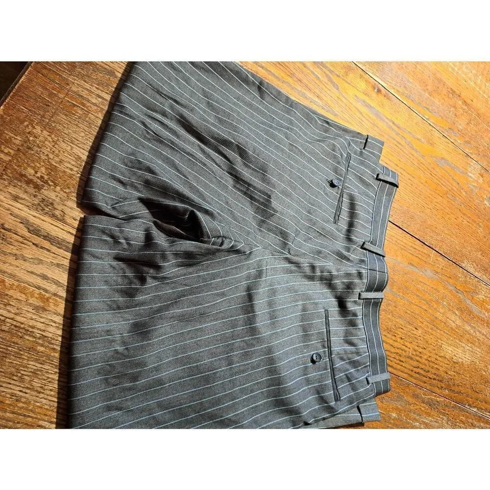 30x27 Caravelli Grey Blue Striped Pleated Front Cuffed Hem Dress Pants